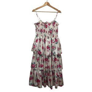 LoveShackFancy By Target White & Pink Floral Tiered Smocked Women's Midi Dress M